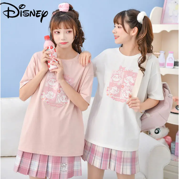 

Disney Summer Fashion Ladies Cute Cartoon Mary Cat Print Short-sleeved Simple and Fresh Cute Loose Comfortable Cotton T-shirt