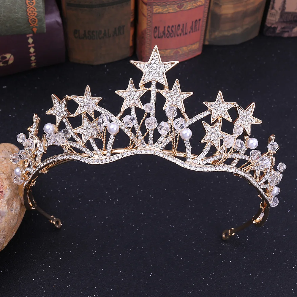 Baroque Gold Color Star Crystal Pearl Wedding Tiaras Bridal Crown for Bride Rhinestone Crowns Headband Jewelry Hair Accessories