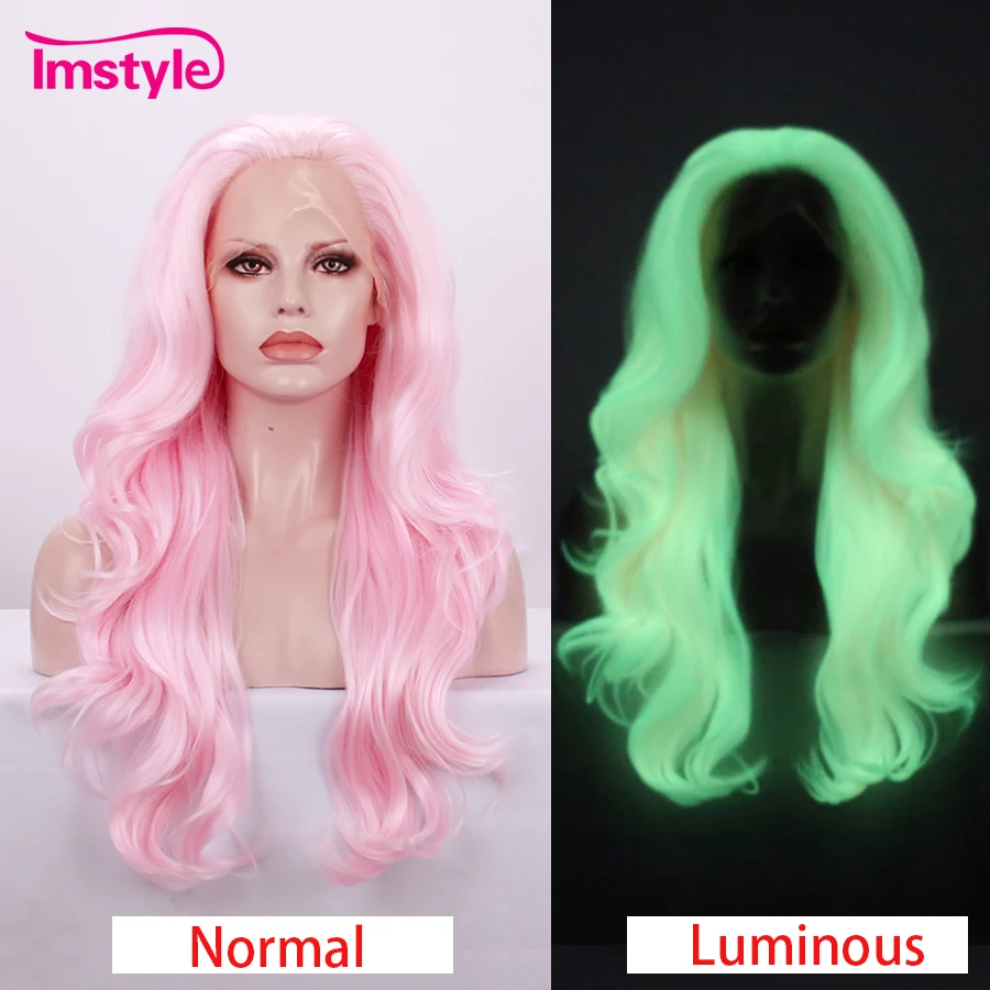 Imstyle Luminous Hair Wigs Noctilucent Pink Synthetic Lace Front Wig Natural Long Wavy Wig Party Wigs For Women