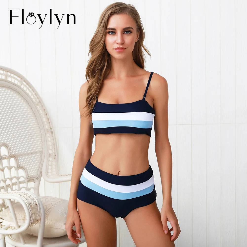 Floylyn бикини с высокой талией полосатый лоскутный купальник женский пуш ап
