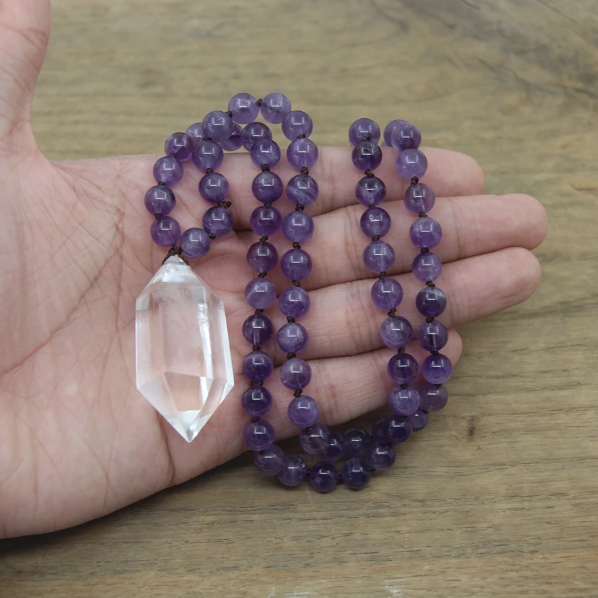 

Natural Amethysts 8mm Round Beads Mala Necklace Knotted Handmade Crystal Double Point Pendants Yoga Prayer Jewelry,QC0111