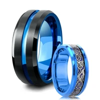 fashion 8mm beveled edge mens blue groove stainless steel ring viking celtic dragon blue carbon fibre ring mens wedding band