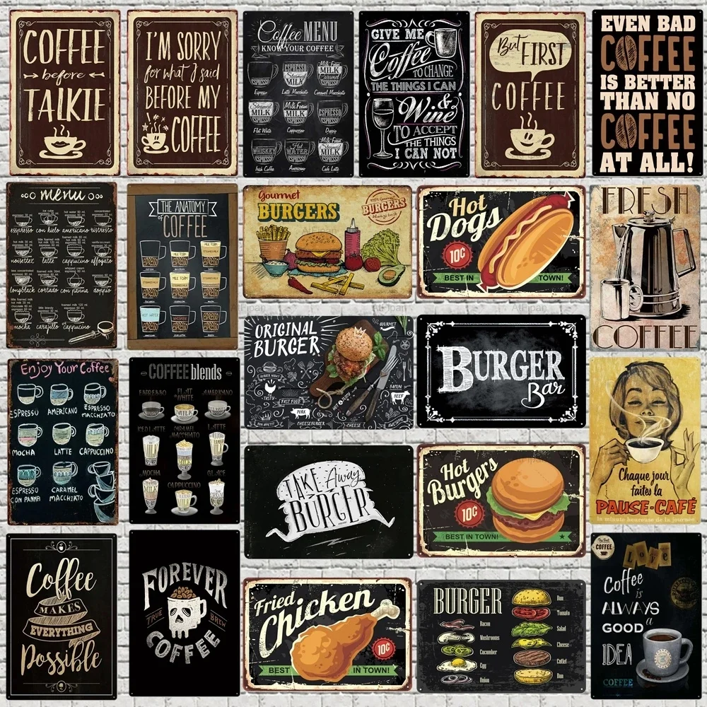 

Chalkboard Art Coffee Menu Metal Sign Burger Bar Decorative Signs Wall kitchen Cafe Shop Home Art Craft Decor 30X20CM