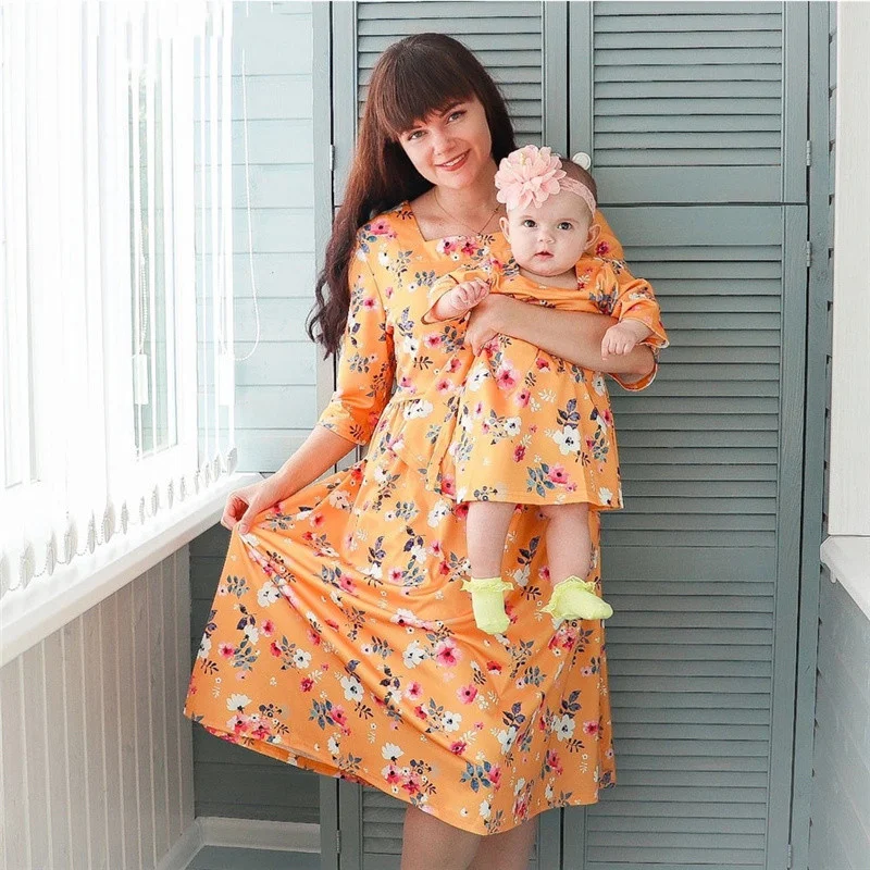 

Mom and daughter dress Square Collar Yellow Floral Print Mommy and me clothes Family Look Mother and Daughter Princess Dresses