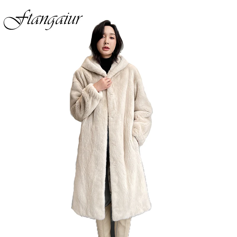 

Ftangaiur New Winter Import Swan Velvet Mink Fur Coat With Fur Hood Pure Color Natural Fur Women Medium Real Mink Fur Coats