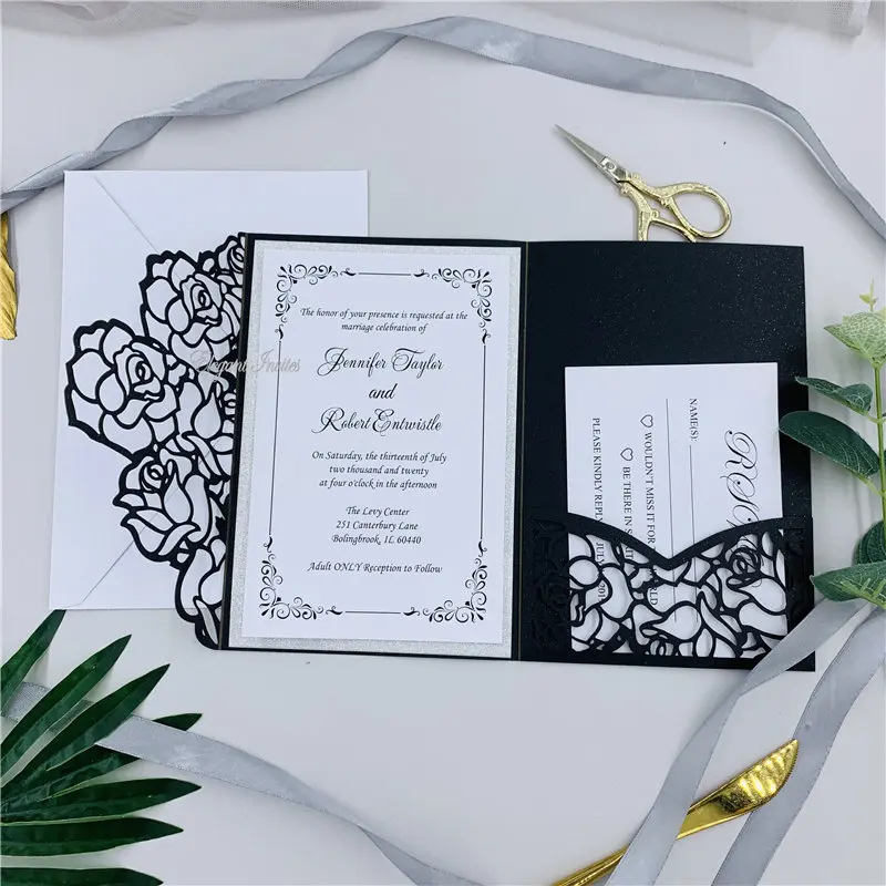 

Special Black Tri-fold Laser Cut Wedding Invitations With RSVP Card & Belly Band, Laser Invites For Weddings&Event