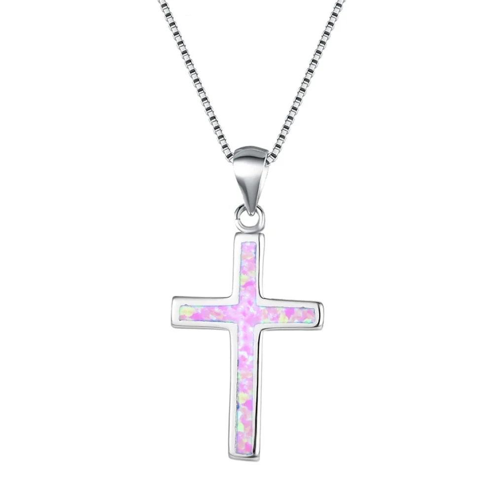 

Simple Colorful Imitation Opal Cross Pendant Choker Necklace Jewelry For Women Kids Silver Color Clavicle Chain Party Jewelry