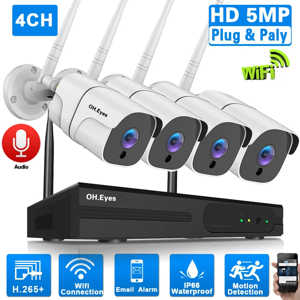

5MP Беспроводной CCTV Системы 4CH Wi-Fi NVR набор на открытом воздухе Водонепроницаемый IP безопасность Камера Wi-Fi Беспроводной комплект 4 канала, Wi-Fi,...
