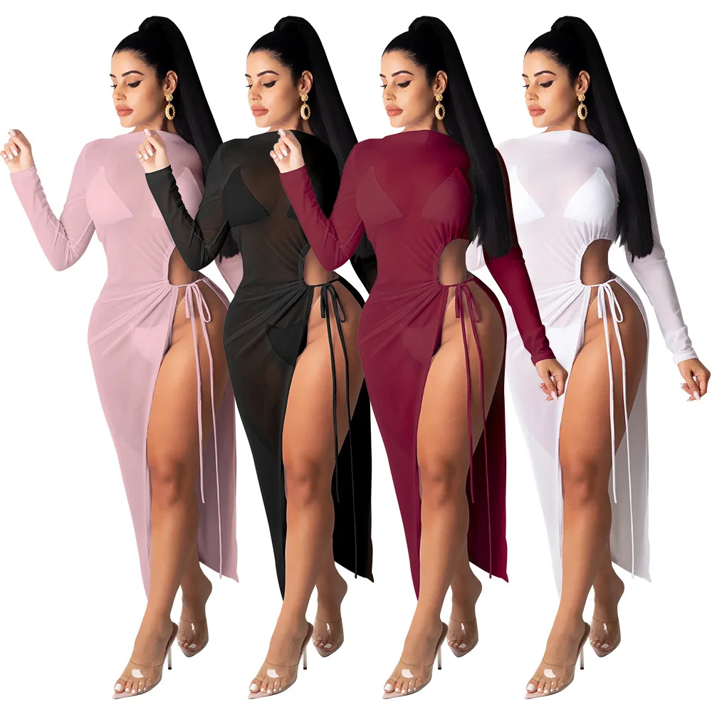 

Sheer Mesh Perspective Women Party Maxi Dress Ruched Drawstring Full Sleeve Beach Wear Dresses Elegant Side High Split Vestidos