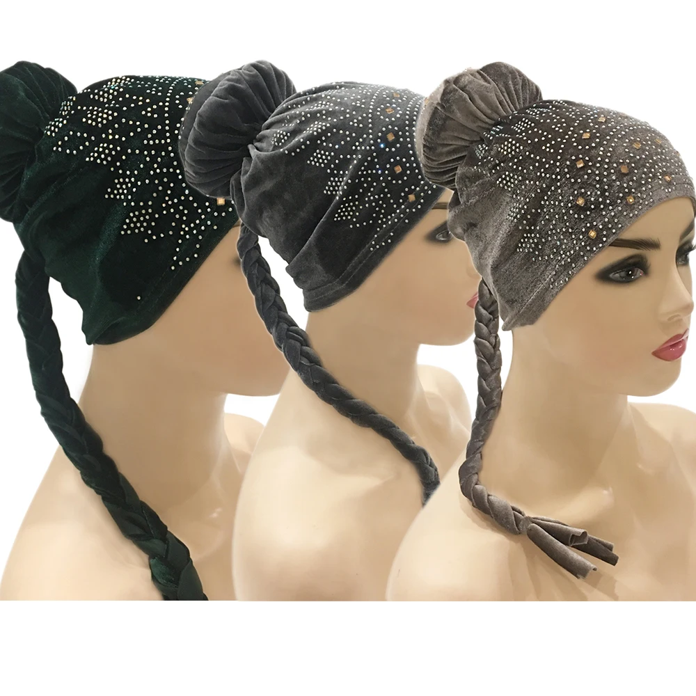 

3PCS Muslim Hijabs Bonnet Turban Rhinestone Women Arab Islam Long Braid Knot Beanies Skullies Headwrap Chemo Cancer Hat Fashion