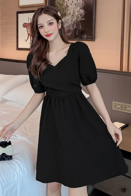 

COIGARSAM French Style Women dress Summer Vintage Square Collar High Waist Dresses Black 5207
