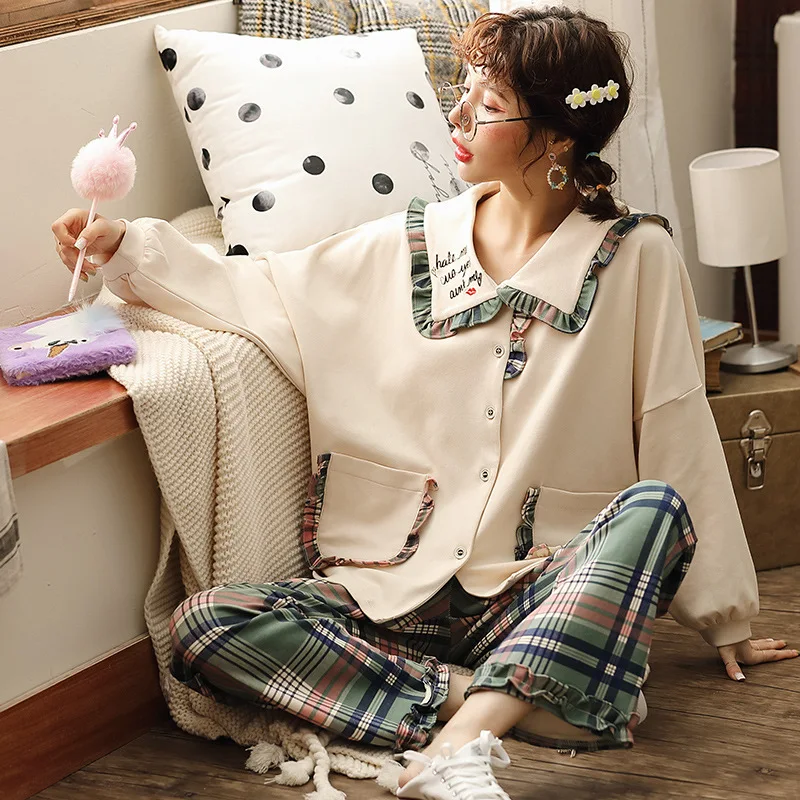 Весенне осенние хлопковые бежевые пижамные комплекты с длинными рукавами для