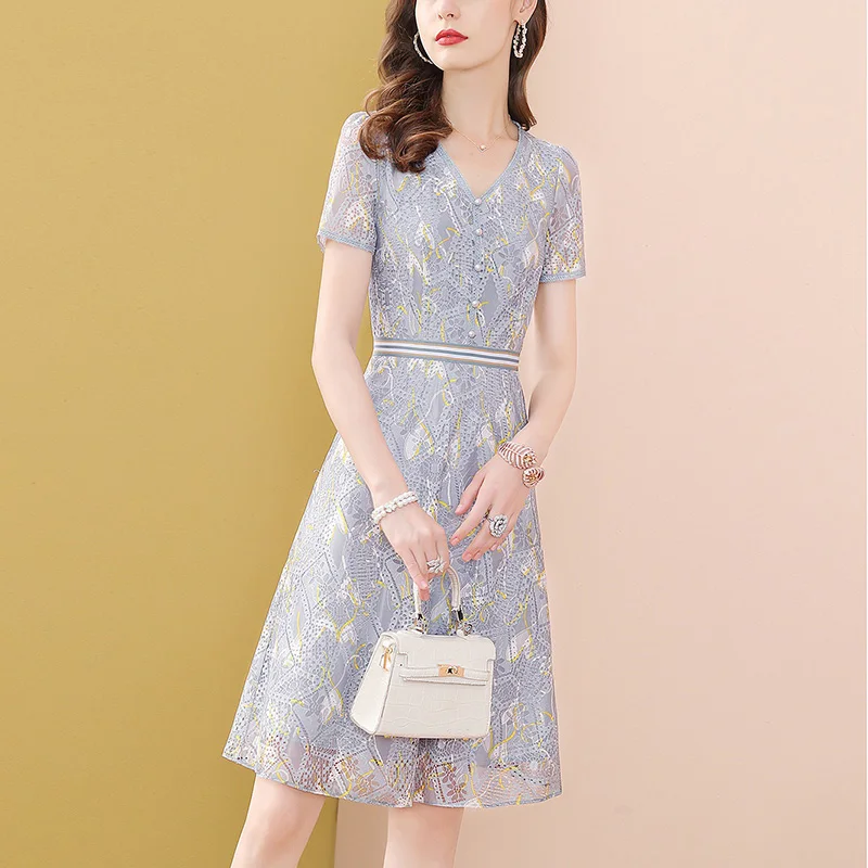 

Only Plus Summer Lace Knee Dress For Women V-Neck Elegant Party Dresses Hollow Out High Waist Fashion Vacation Vestidos New