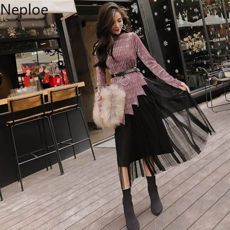 Neploe одежда для зимы и осени chandal Velet тонкий пояс Топ + Высокая талия сетчатая юбка в