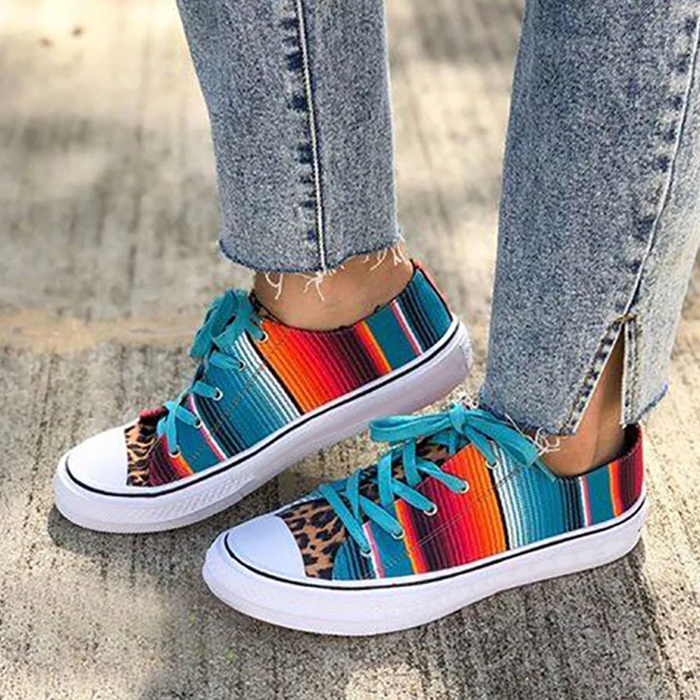 

New Ins Hot Sale Colorful Flats 2020 lace-up Casual Low Heel Flats Women Casual Print Leopard Shoes Woman
