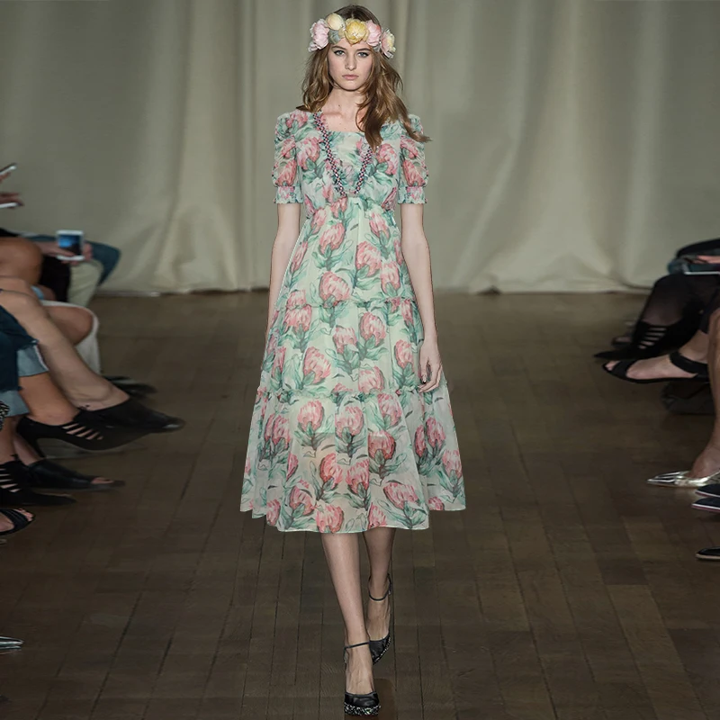 

Женское дизайнерское платье-трапеция Gedivoen, винтажное платье миди с коротким рукавом и цветочным принтом, с высокой талией, на лето