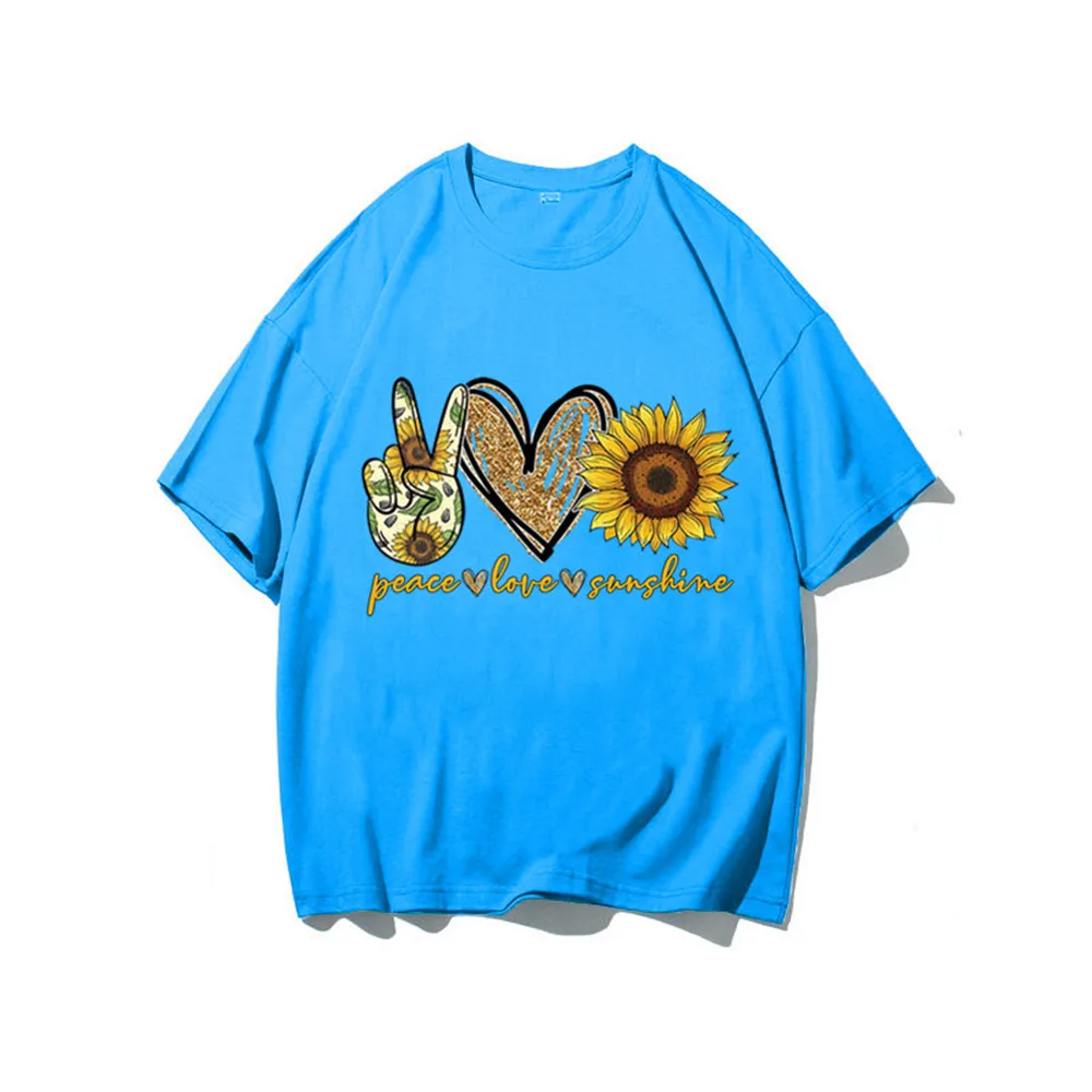 Women's Fashion Shirt Ladies Loose Top Plus Size Short Sleeve Summer Peace Love Sunshine Sunflower Printed Casual T-shirt | Женская