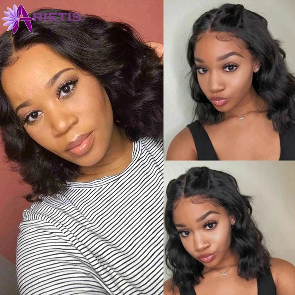 Arietis Body Wave 13x1 Lace Front Human Hair Wigs For Black Women Brazilian Remy Short Bob Closur Wig Pre-plucked With Baby | Шиньоны и