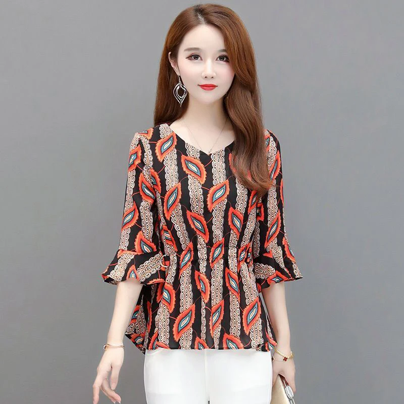 

Women Spring Summer Style Chiffon Blouses Shirts Lady Casual Short Flare SLeeve O-Neck Flower Printed Blusas Tops ZZ0560