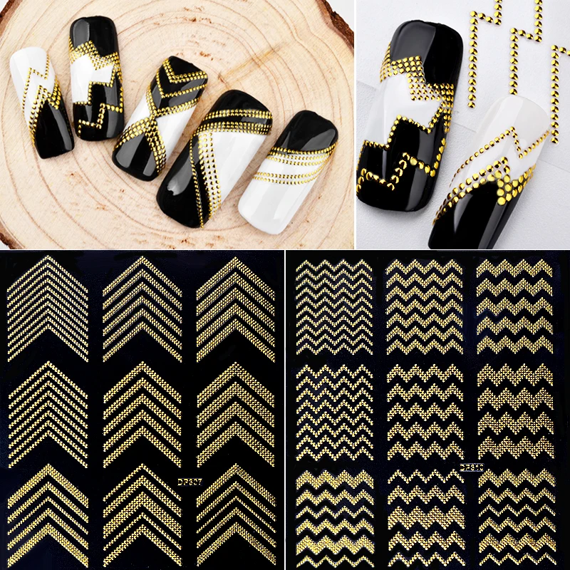 

16 Options 3d Nail Art Stickers Gold Rivert Metal Adhesive Nail Stickers Decals Zig Zag Retro Studs Styling Nail Art Decorations