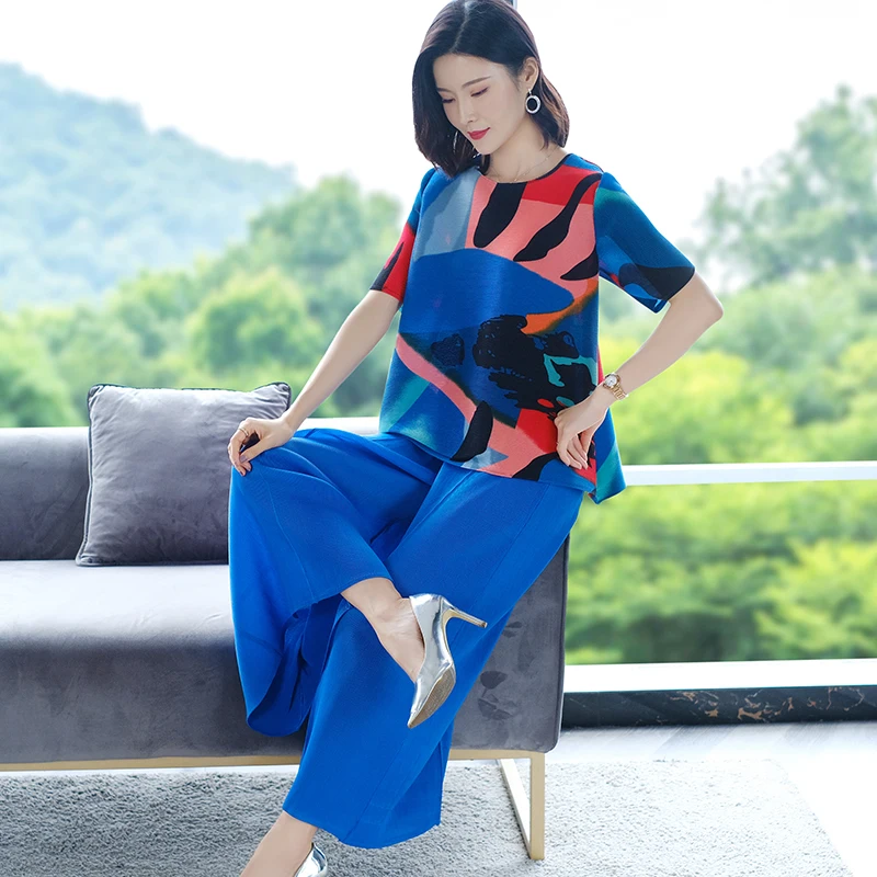 

Women Pleated Blouse Sets Elegant Printing Lady Pleated Tops Wide Leg Pants Two Pieces Suits Free Shipping