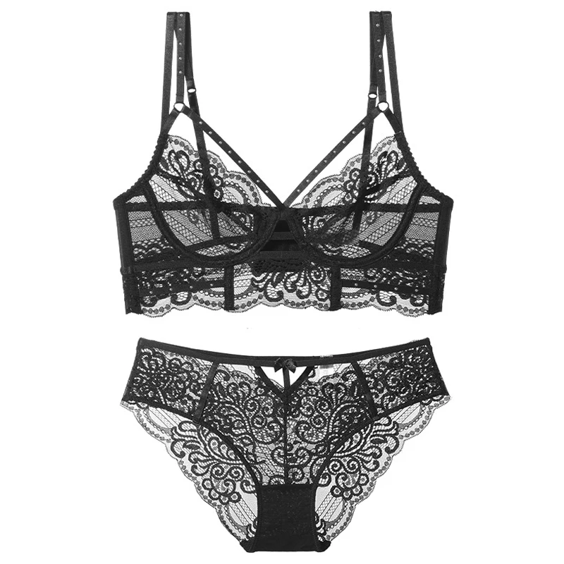 

Black Deep V Transparent Sexy Lingerie Bra And Panties Ultra-Thin Wired Push Up Lace Bras Embroidery Women Underwear Sets B C D