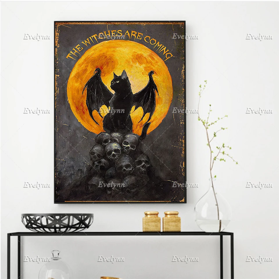 

The Witches Are Coming Black Cat Retro Poster/All Saints' Day Cat Wall Art Prints Home Decor Canvas Unique Gift Floating Frame