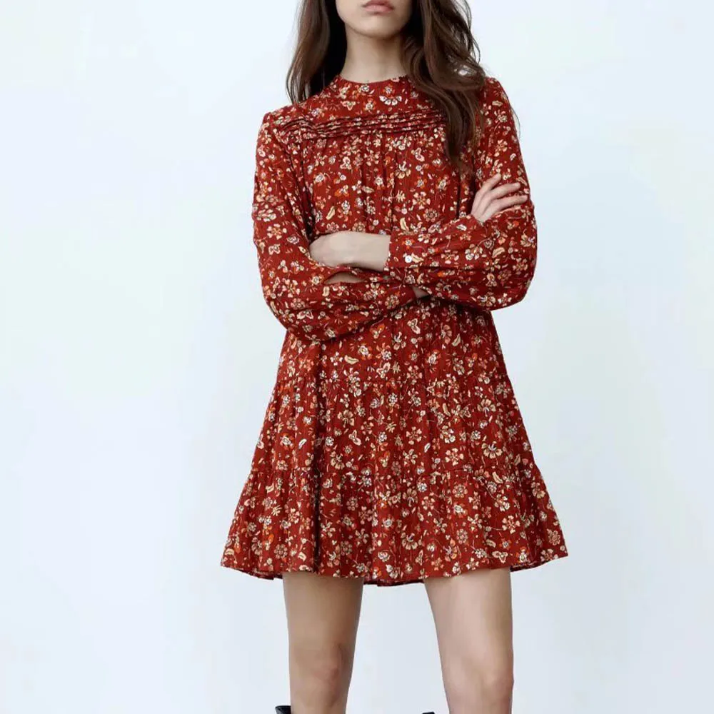 

Women's 2021 Fall New Flower Printed Long Sleeve Dress Fashion Casual All-match Female Chic Mini Skirt Mujer