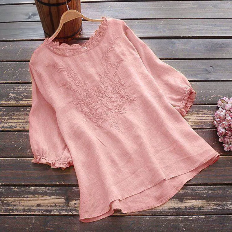 

Cotton Large Size Loose Embroidered T-shirt Women's 2021 Summer New Mid Sleeve Versatile Breathable Thin Ethnic Style Top