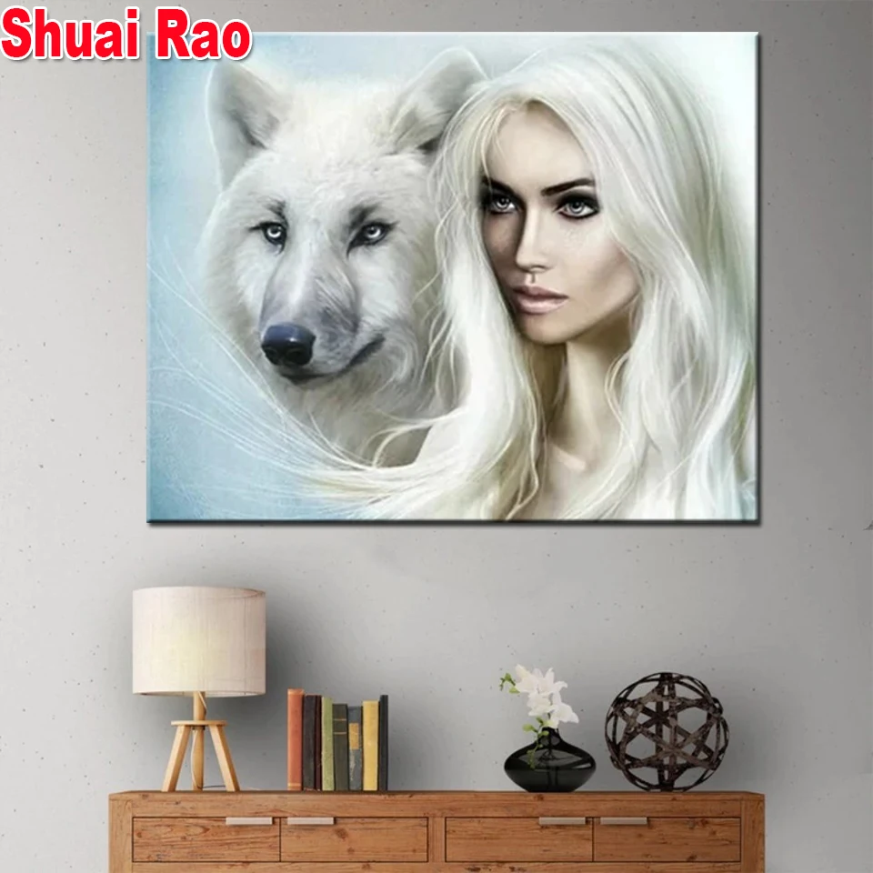 

white wolf and woman 5d diy diamond painting full,square,round diamond embroidery art diamond mosaic animal & portrait,home art