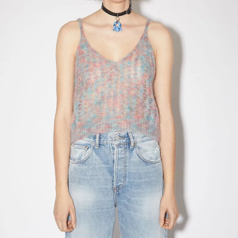 Новинка лета 2021 Женский яркий жилет с V образным вырезом без рукавов мохеровый