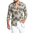 Мужская хлопковая рубашка с длинным рукавом, повседневная однобортная пляжная гавайская рубашка с воротником-стойкой и принтом, осень 2021