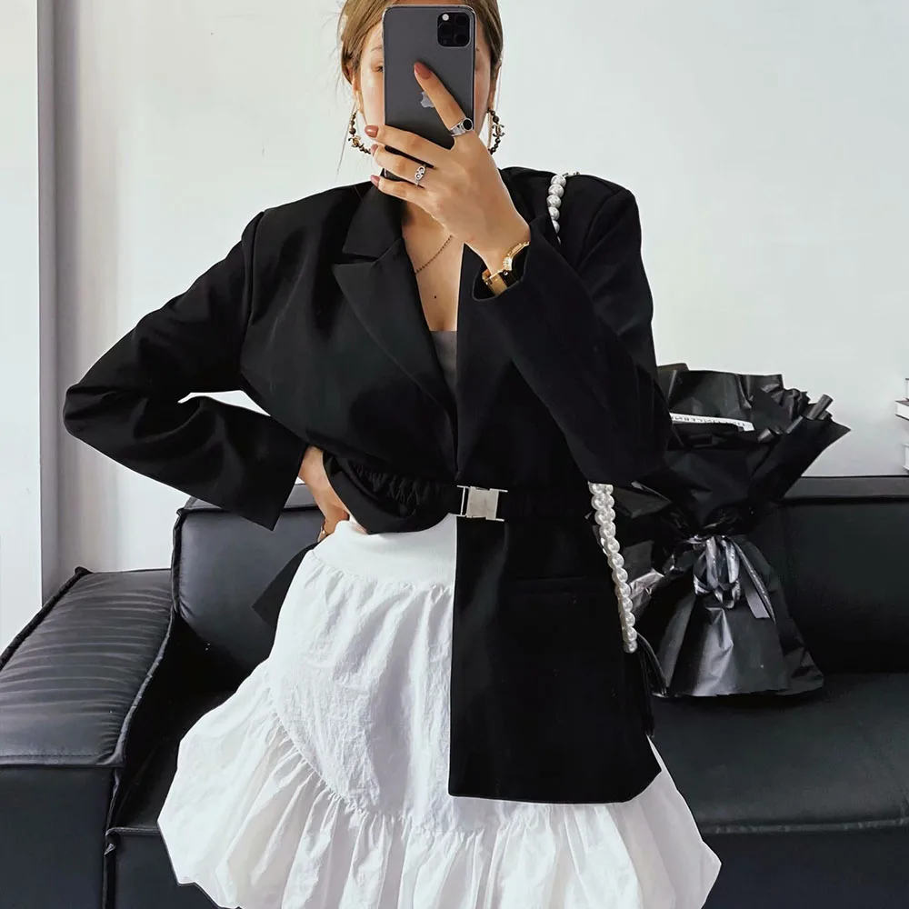 

DiYiG WOMAN 2021 Autumn New Western style waist-closed slit belt irregular suit casual women's suit black coat