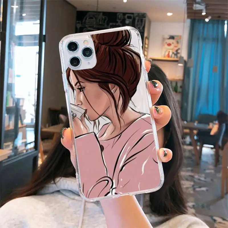 

Princess Female boss coffee Phone Case Transparent for iPhone 6 7 8 11 12 s mini pro X XS XR MAX Plus cover funda shell