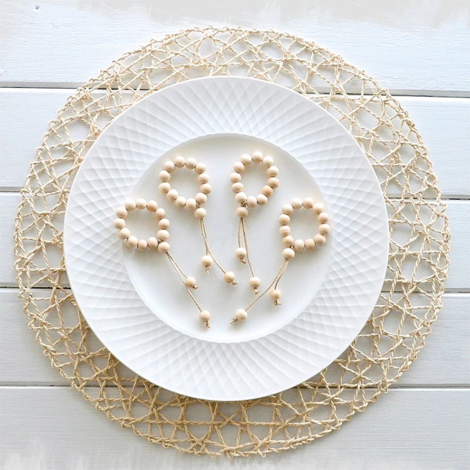 6pcs wood bead napkin ringsgarland with tassels farmhouse beads rustic country table napkin holder holiday weddings home decor free global shipping