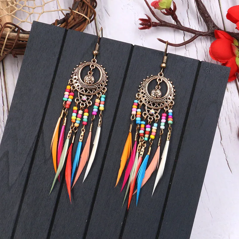2019 Long Tassel Fashion Feather earrings Style Ethnic Boho Big Dangle Statement Earring Wedding Earrings Accessories Wholesale