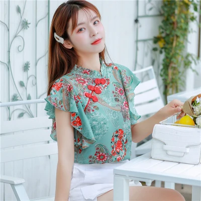 Chinese Cheongsam Style Women Floral Chiffon Shirt 2020 Summer Blouse Ruffles Short Sleeve Shirts Tops Blusas A3252 | Женская одежда