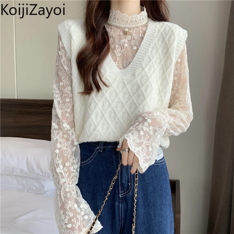 

Koijizayoi Women Solid Knitted Sweater Vest Sleeveless Fashion Lady Chic Tanks Fall Winter V Neck Camis 2021 All Match Tops