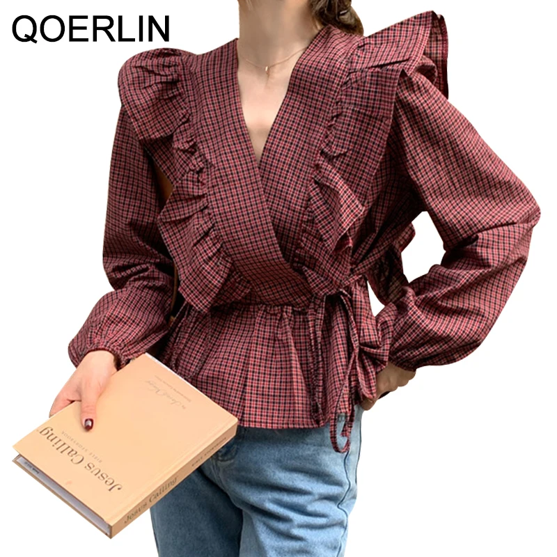 

QOERLIN Chic Plaid Vintage Deep V Neck Lace Up Retro Women Loose Elegant Lantern Sleeve New Hot Elegance Female Shirts Tops