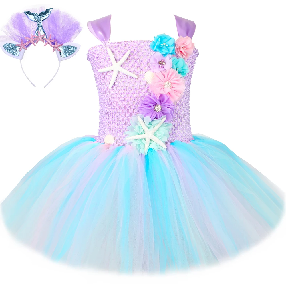 

Girls Mermaid Tutu Dress Starfish Flowers Birthday Party Princess Dresses for Girls Kids Halloween Cosplay Mermaid Costume 1-14Y