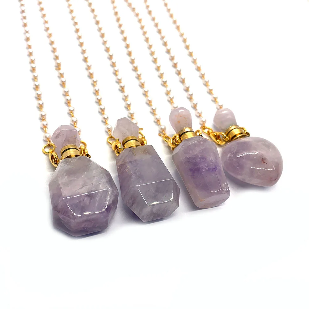 

Natural Stone Perfume Bottle Necklace Pendant Faceted Pink Semi-precious Stone Ladies Essential Oil Bottle Aroma Diffuser Bottle