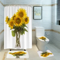 green plants yellow sunflowers washroom shower curtains non slip carpet toilet cover floor mat washable 4 pieces bathroom decor