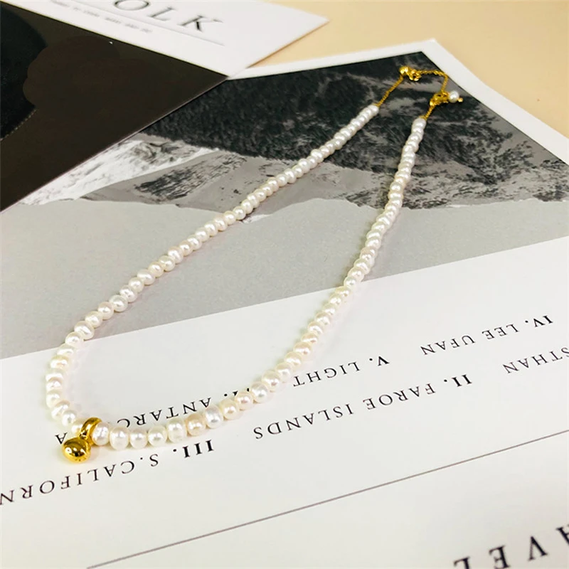 

2021 New Handmade 100% Natural Freshwater Pearl Necklace for Women Round 925 Sterling Silver Chokers 39+5cm