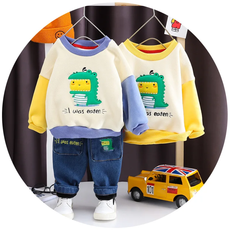 

Baby Boys Clothing Sets Autumn Winter Boy girl Set Sport Suits For kids Cartoon dinosaur velvet Sweater Shirt Pants 2 Pieces Set