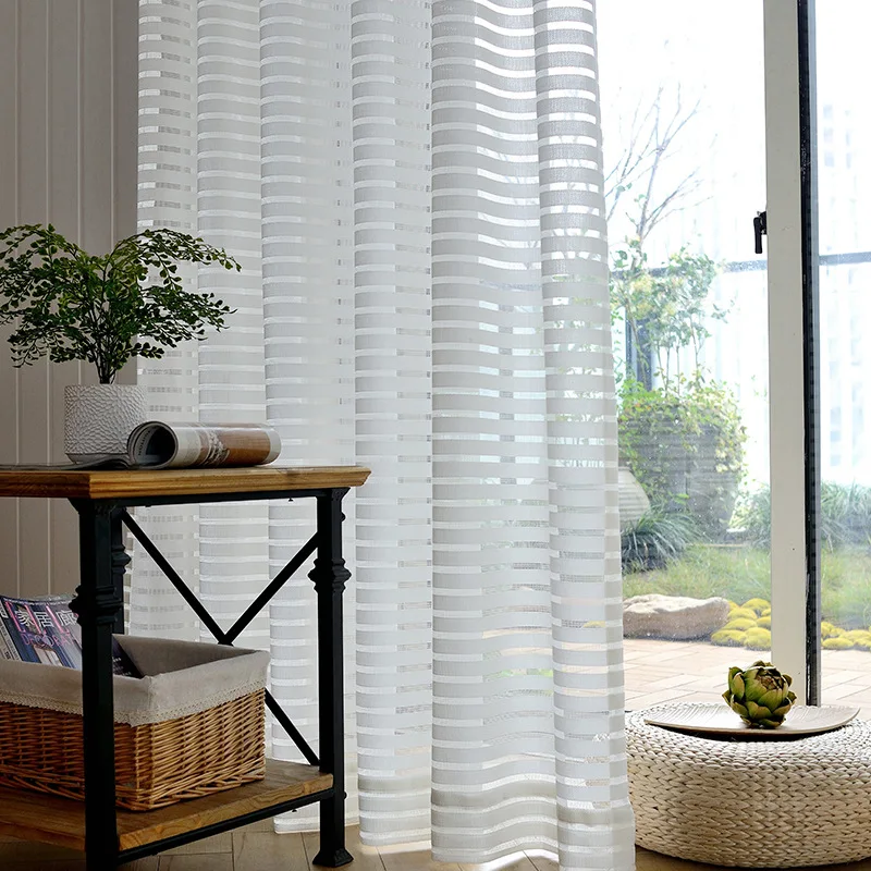 

DK White Sheer Curtains for Living Room Jacquard Striped Design Tulle Voile Curtains in the Bedroom Home Decor Window Drapes