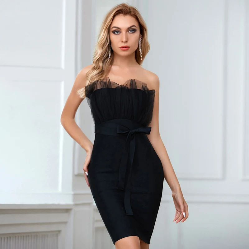 

Wholesale Woman's Stretch Knit Black Lace Strapless Stretch Tight Mini Sexy Celebrity Cocktail Party Bandage Dress