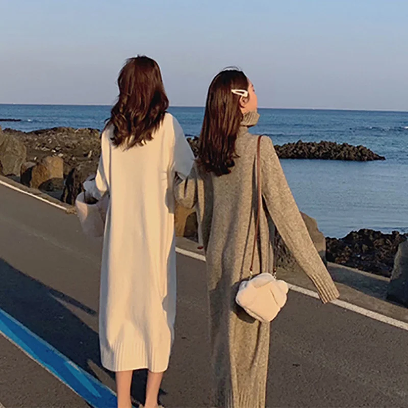 

Autumn Vintage Turtleneck Women Long Sweater Dress Knitted Full Sleeve Warm Female Dress 2020 Winter Solid Loose Ladies Clothes