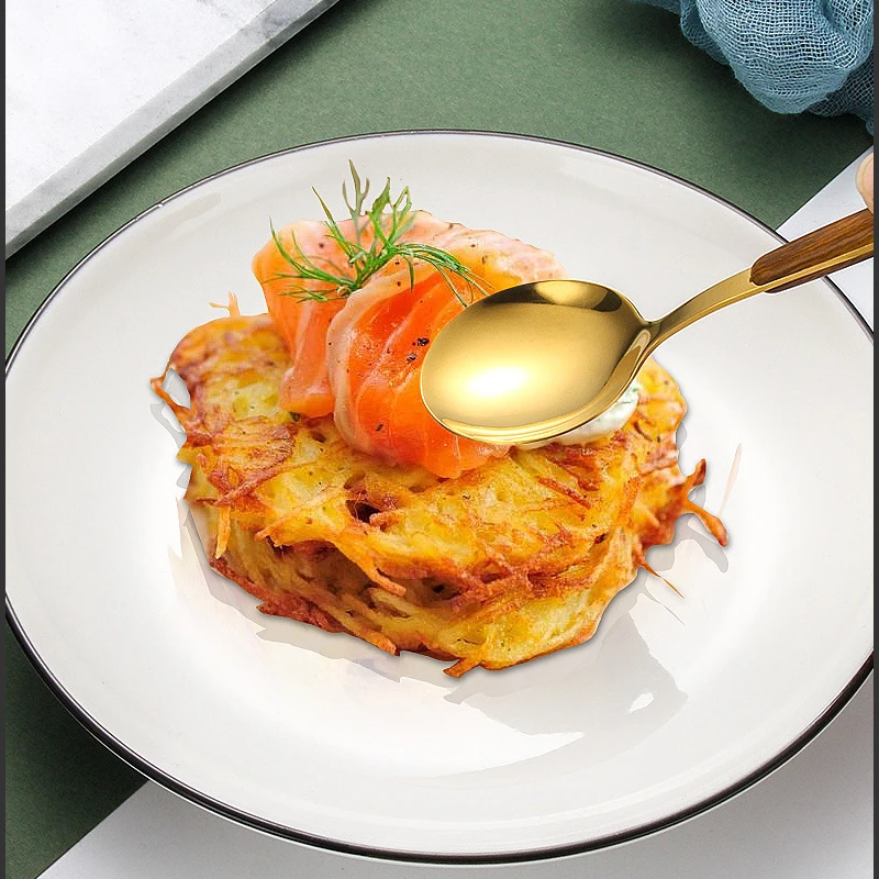 Золотой столовый нож с деревянной ручкой из нержавеющей стали вилка ложка