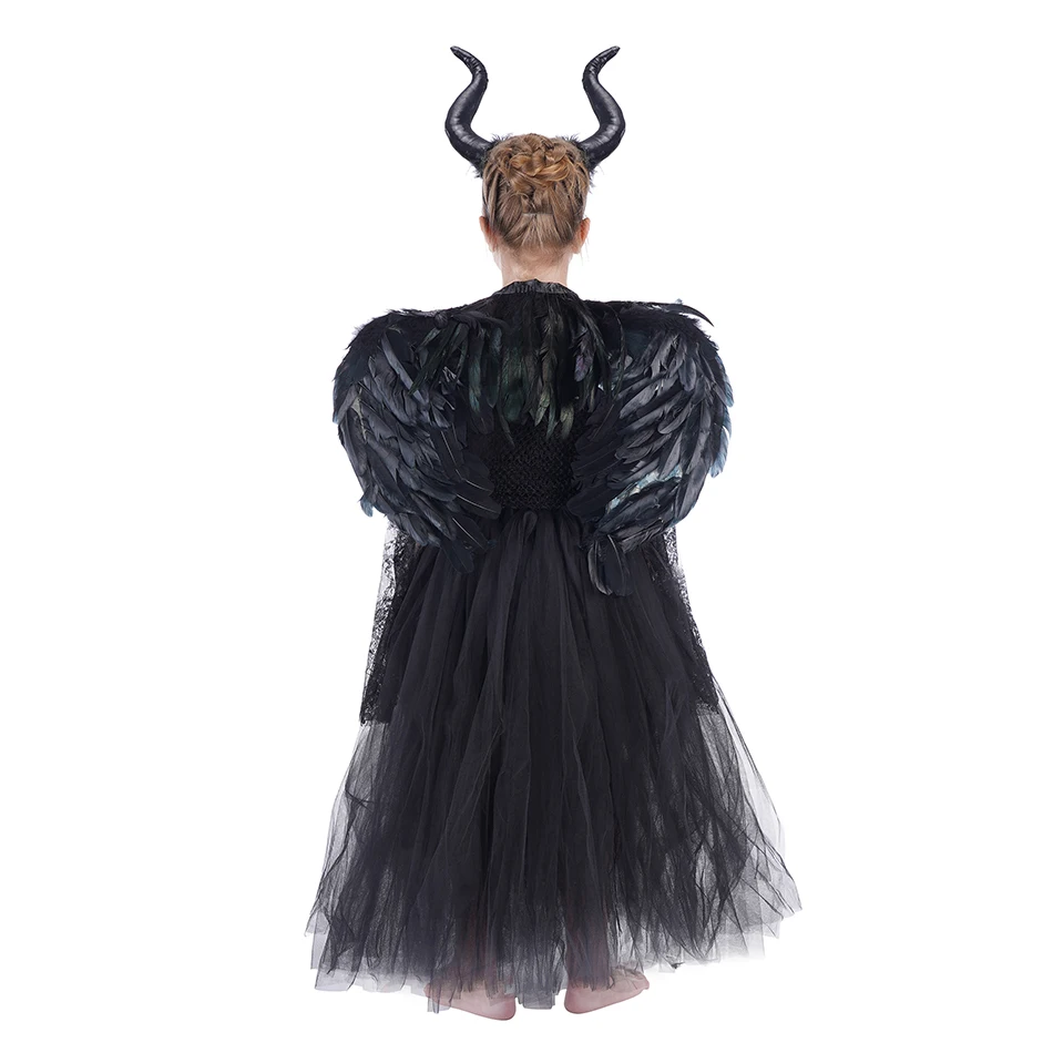 Maleficent Halloween Evil Queen Costume Kids Girl Witch 2 Tutu Dress with Horns Fairy Children Clothes 2-12T for Girl Kids Party