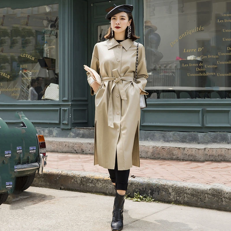 Куртка женская черная длинная с поясом Ветровка из искусственной кожи тонкий